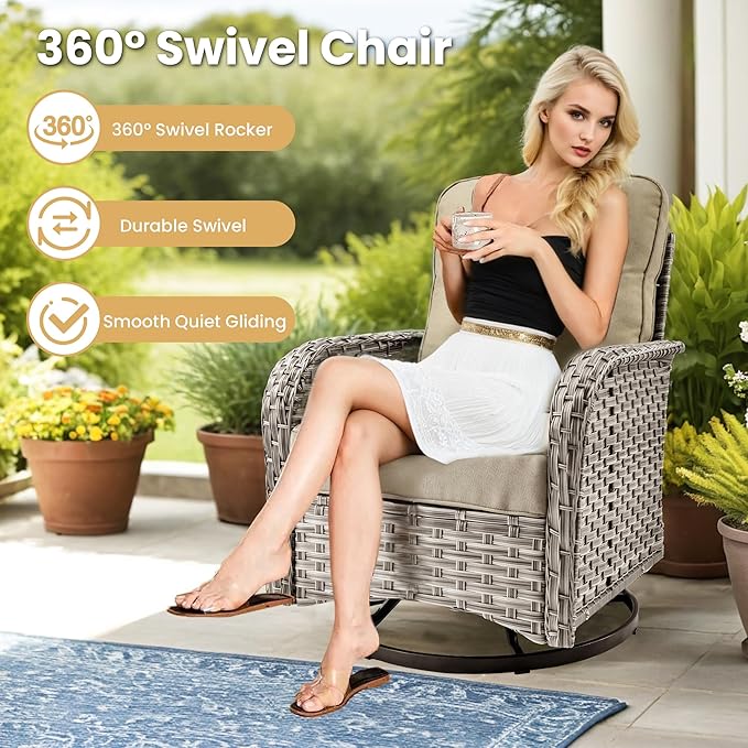 HOOOWOOO Outdoor Sectional Furniture Set with Fire Pit Table,9 Pieces Wicker Patio Conversation Sets,L Shape All Weather Outside Couch Sofa Set with Swivel Chairs Solar Light Table Ottoman,Beige