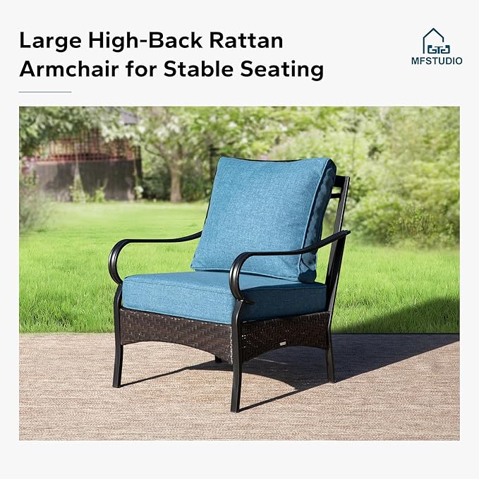 MFSTUDIO 4 Pieces Outdoor Patio Furniture Set, Metal Outdoor Conversation Set, Rattan Wicker Patio Sectional Set with 2 x Fixed Single Sofa, 3-Seat Sofa, 1 x Fire Pit Table, Navy Blue
