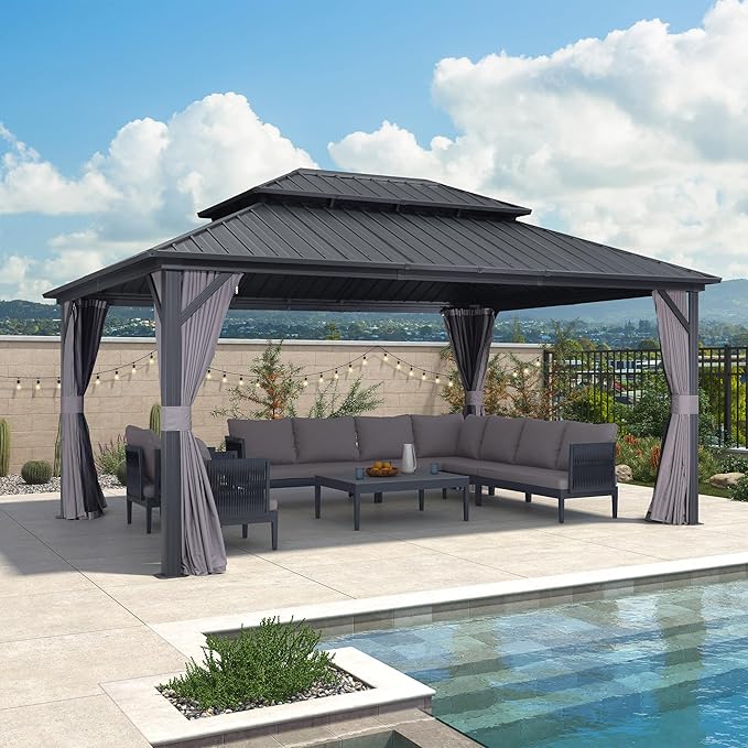 PURPLE LEAF 12' X 16' Permanent Hardtop Gazebo Outdoor Aluminum Gazebo with Heavy Duty Galvanized Steel Double Roof for Patio Lawn Garden Aluminum with Netting and Curtains Grey