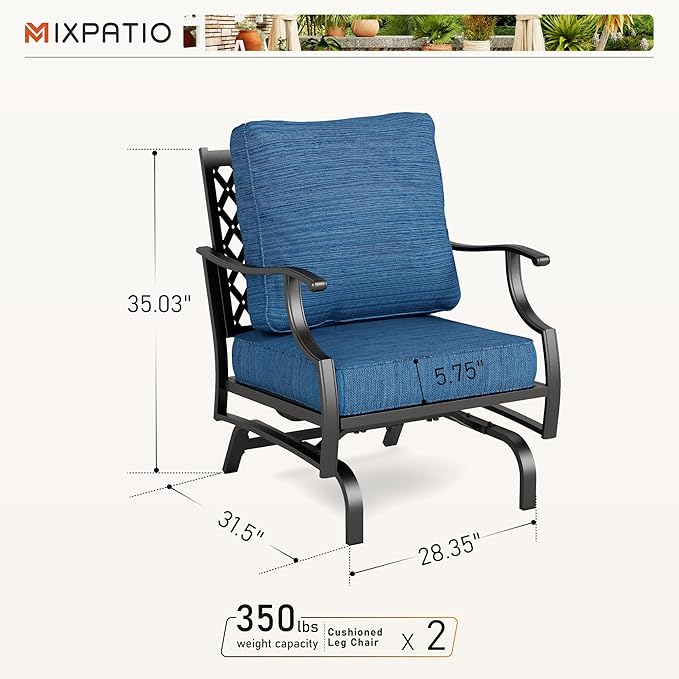 Patio Chairs Set of 2, High Back Outdoor Patio Metal Chairs with 5.75" Thick Cushions for Bistro Balcony Porch Deck and Yard, Peacock Blue