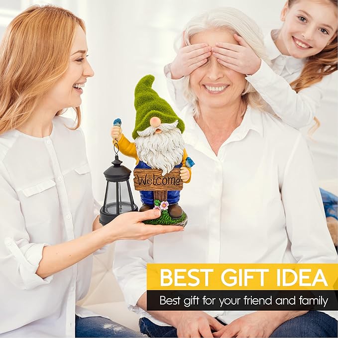 Christmas Garden Gnomes Outdoor - Flocked Gnome Statue Holding Lantern with Solar LED Lights | Gnomes Garden Decorations for Patio, Yard, Lawn Ornaments - Gnome Gifts