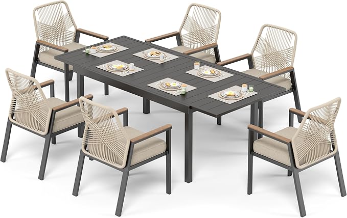 7 Pieces Patio Dining Set, 6 x Woven Rattan Chairs with Waterproof Cushion, 84" Extendable Rectangular Dining Table, Outdoor Table and Chairs Set for Backyard Lawn and Deck, Beige