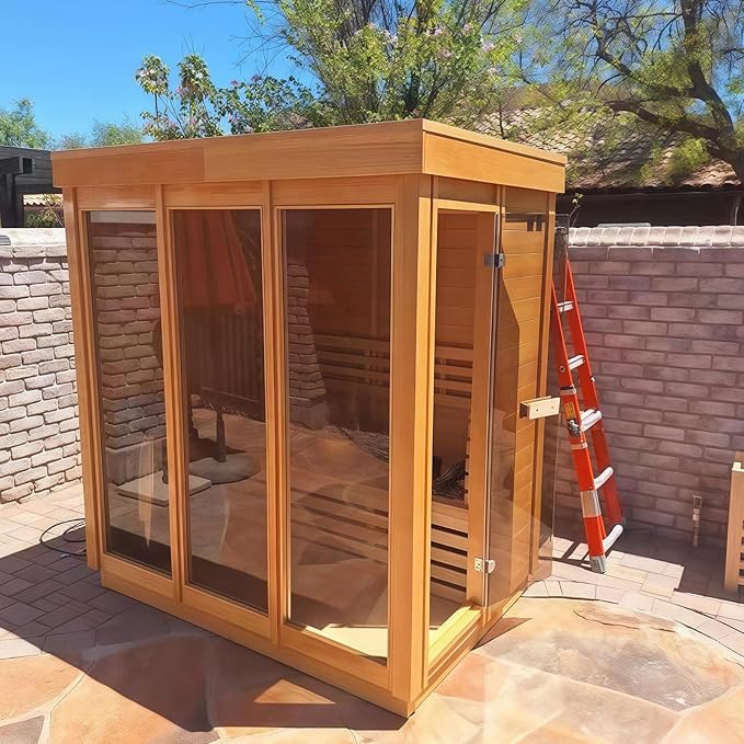 Outdoor Corner Steam Sauna, Canadian Hemlock Saunas 3-4 Person, 6KW ETL Toule Heater, 220V,Broad Bench, Glass Wall Sauna, Waterproof System, Asphalt Shingles,Right Door(0-195℉)