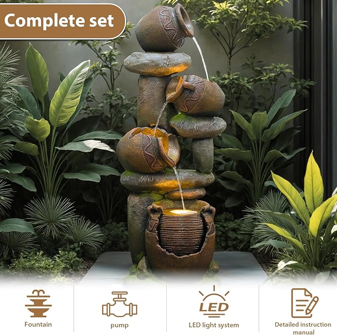 Outdoor Fountain with LED Lights, 48.43" Tall Garden Water Fountain - Resin & Fiberglass Freestanding Fountain for Patio, Backyard - Easy Setup Kit