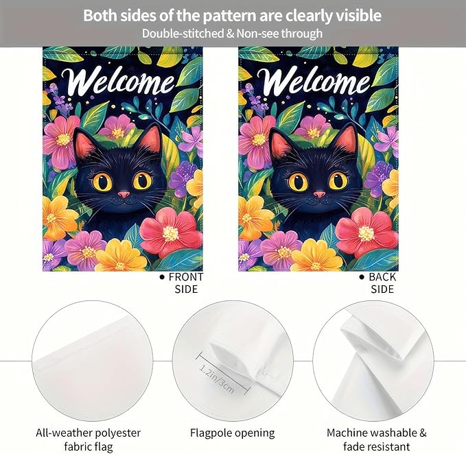 Welcome Spring Garden Flag 12x18 InchDouble Sided Hello Spring Black Cat Outdoor Yard Decoration Summer Farmhouse Holiday Yard Flag Floral Design Spring Home Decor Flags