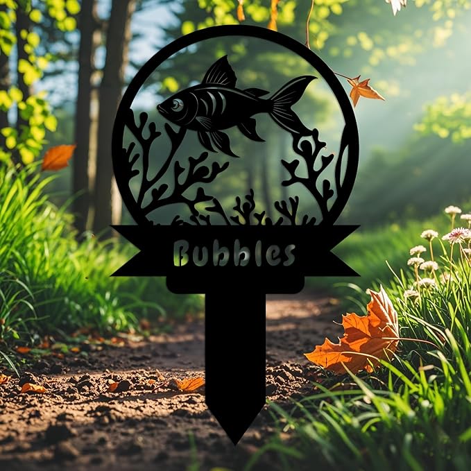 Custom Fish Metal Memorial Plque,Personalized Fish Remembrance Stake,Fish Loss,Grave Markers,Outdoor Garden Yard Sign 14inch
