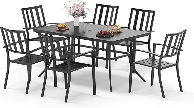 Sophia & William Patio Table and Chairs Set, Outdoor Dining Set for 6, 7 Piece Metal Patio Furniture, 60" Black Rectangular Table(Stripe)