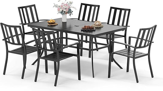 Sophia & William Patio Table and Chairs Set, Outdoor Dining Set for 6, 7 Piece Metal Patio Furniture, 60" Black Rectangular Table(Stripe)