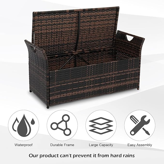 VINGLI 40 Gallon Outdoor Rattan Deck Box w/Cushion, Patio Wicker Storage Box for Tools and Supplies, Garden Deck Storage Bin for Balcony, Porch, Pool, Yard, Brown