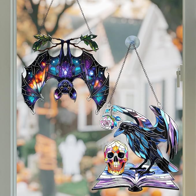 2 Halloween Decorations Bat Raven Acrylic Suncatchers, Window Hanging Bat Gothic Decor, Spooky Raven Halloween Ornament Gifts, Idea Gifts Holiday Keepsake, Scary Home Indoor Outdoor Display SS344