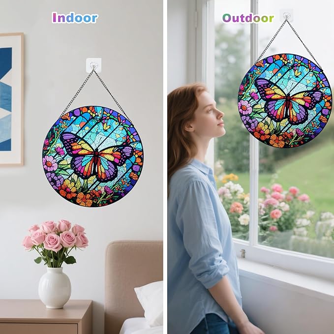 Stained Glass Window Hanging - Butterfly Suncatchers for Indoor Windows, Butterfly Stained Glass Decor for Home, Garden, Cottage, Sun Catcher Gift for Women (12 Inch)