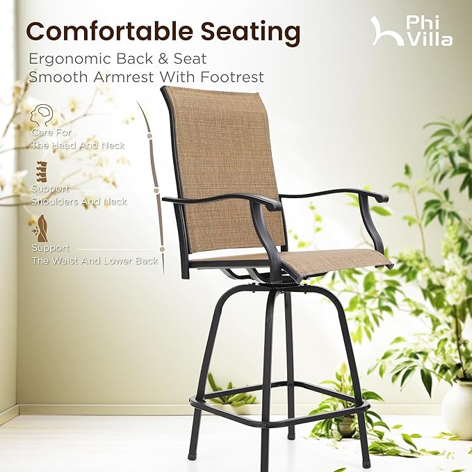 PHI VILLA 3 PCS Patio Swivel Bar Sets Textilene High Bistro Sets with 2 Outdoor Bar Stools and 1 Square Bar Table, Brown