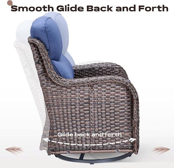Rilyson Wicker Outdoor Patio Furniture Set - 4 Piece Patio Conversation Set with Swivel Rocker Chairs and Ottomans, 6 inch Cushions, High Back, Deep Seating, for Porch Deck Garden Brown/Blue