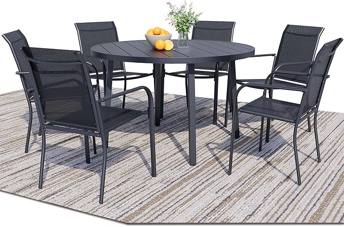 7 Pieces Round Dining Table Set for 6, Patio Dining Set Includes 6 Black Stackable Patio Chairs and 1 Black Round Table Set of 6, Patio Furniture Sets with Sling Support for Outside, Garden