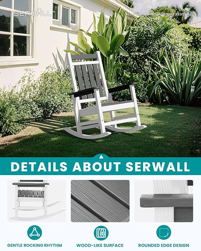 SERWALL Outdoor Rocking Chair Set of 2, HDPE Rocking Chairs for Adult, All Weather Porch Rockers for Lawn Garden, Gray & White