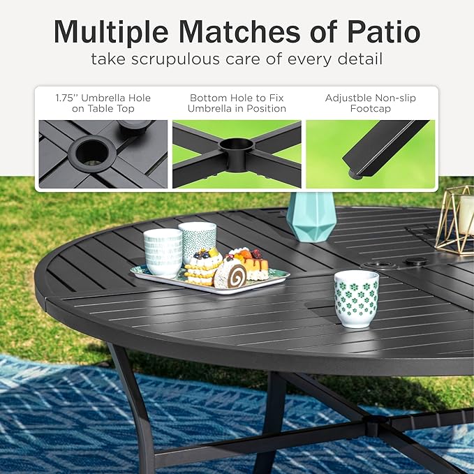 PHI VILLA 7 Pieces Patio Round Dining Set for 6, Large Metal Outdoor Dining Table with Umbrella Hole & Cushioned Wicker Rattan Chairs, Dining Furniture Set for Deck, Yard, Porch