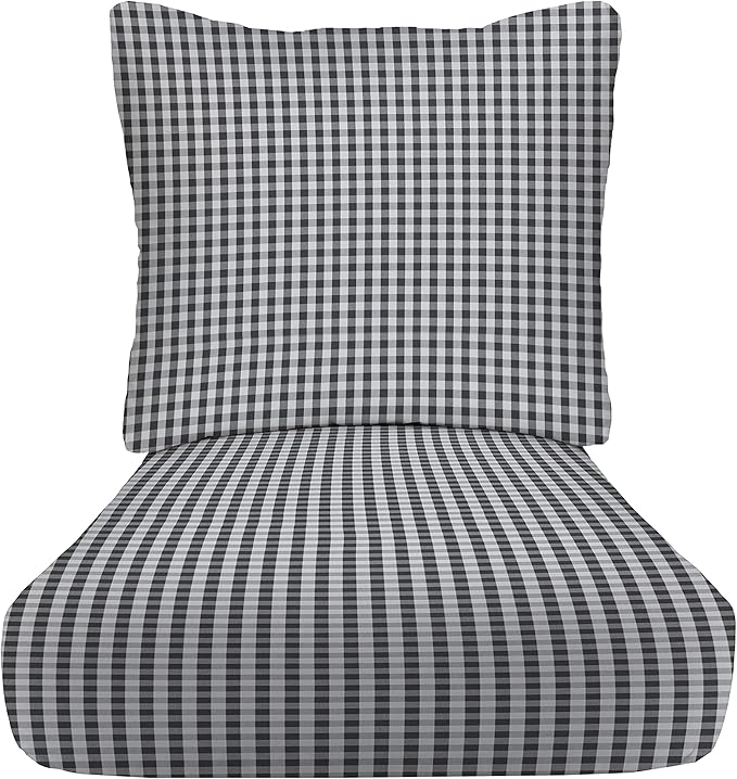 RSH DECOR Deep Seating Cushion with Pillow Back | 24” x 26” Seat | Water and Fade-Resistant Spun Fabric | Outdoor Chair Cushion Set for Patio Furniture | Dawson Pewter Black Plaid