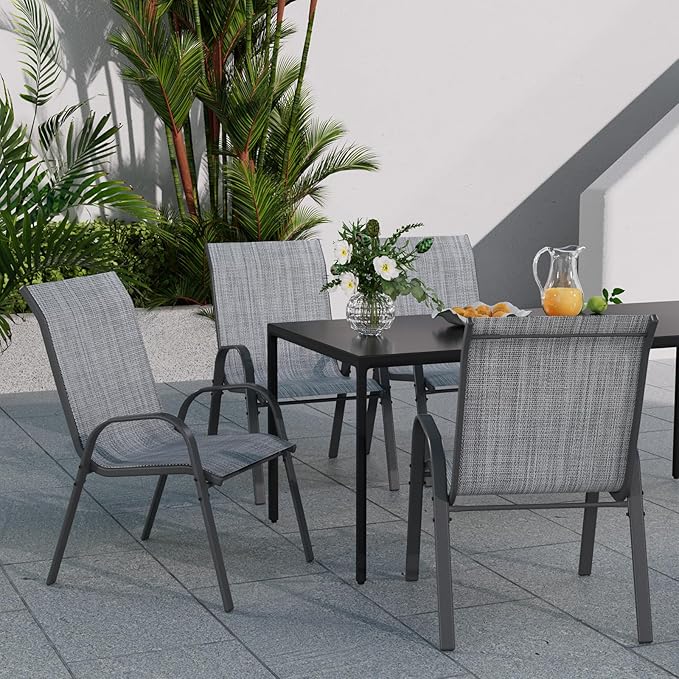 Patio Dining Chairs Set of 4, Stackable Dining Chairs High Back, Breathable Seat Fabric and Alloy Steel Frame for Backyard, Porch, Garden, Sunroom (Grey)