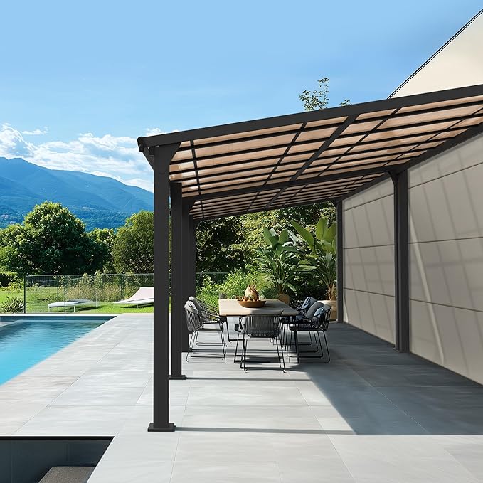 10 * 28FT Pergola,Outdoor Gazebo,Hardtop Lean to Gazebo,Wall Mounted Pergola,Pergolas Gazebos Clearance,Aluminum Frame Pergola,UV Resistant Patio Roof,Patio Awnings for Porch,Lawn,Backyard