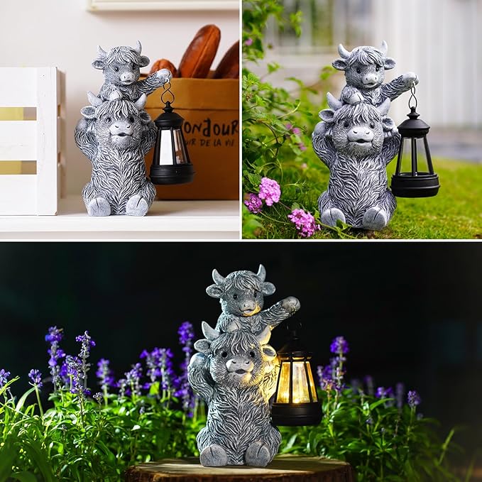 Solar Highland Cow Garden Decor - Resin Cow Statue with Solar Lantern Outdoor Yard Patio Decor - Ideal Gifts for Women,Mom Men (Grey)