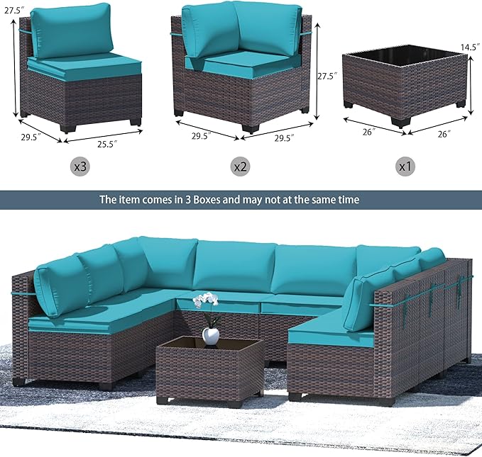 Outdoor Patio Furniture Set, 9 Pieces Outdoor Furniture All Weather Patio Sectional Sofa PE Wicker Modular Conversation Sets with Coffee Table,8 Chairs & Seat Clips(Turquoise Blue)