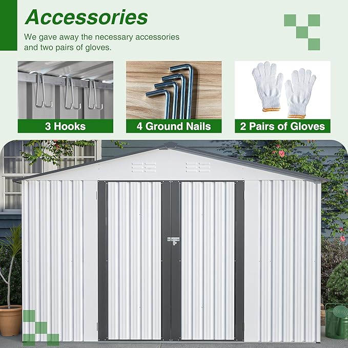 10X8 FT Outdoor Storage Shed, All Weather Metal Sheds with Lockable Doors, Tool Shed for Garden, Patio, Backyard, Lawn, White