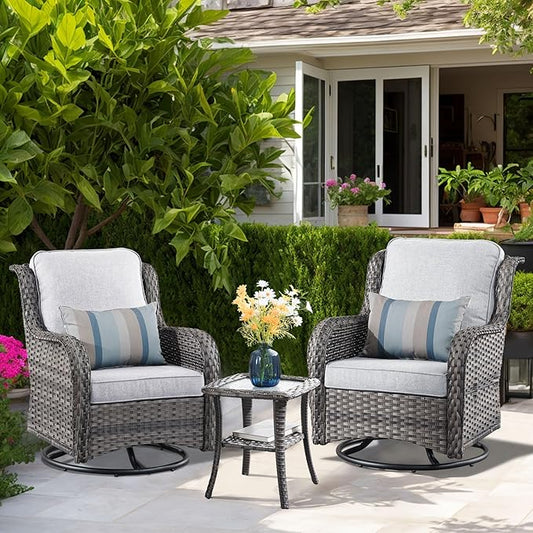 HOOOWOOO Patio Furniture Set,3 Piece Outdoor Furniture with Swivel Chairs,Wicker Patio Bistro Chairs Set,Light Gray