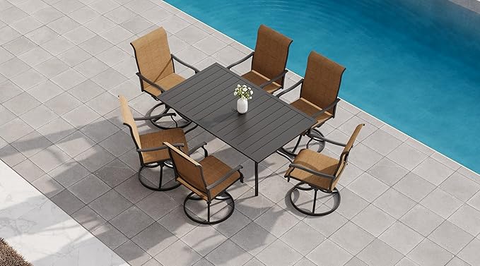 7-Piece Outdoor Dining Set, 6 Swivel Chairs & 63'' Rectangular Dining Table with All Weather Frame Furniture Set -Brown Style2