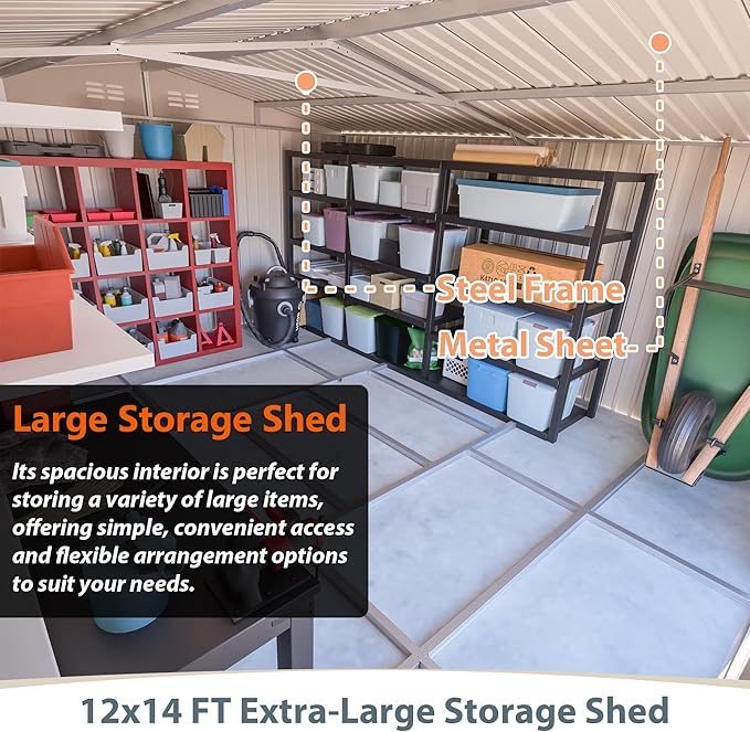 12x14 FT Shed Outdoor Storage Metal Large Garden Tool Sheds with Lockable Doors Floor Frame Gable Roof Waterproof Steel Utility Equipment Sheds for Backyard Patio Lawn Poolside, Black