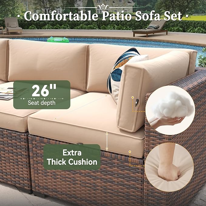 Aoxun 15 Piece Patio Furniture Set with 44” Fire Pit Table Wicker Rattan Outdoor Sectional Sofa Set with Coffee Table and Thickened Cushions, Beige (Waterproof Cover Included)