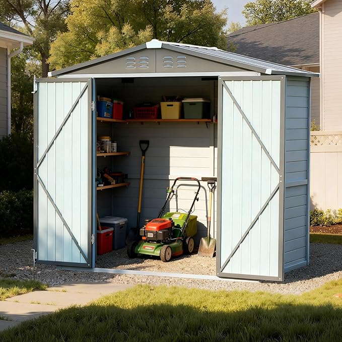 Galvanized Steel Frame & Solid Cedar Wood Wall Shed | 4x6ft Outdoor Storage Shed with 9-Level Wind Resistance & 10-Grade Waterproof Roof, Lockable Double Doors & 2 Windows for Garden Patio