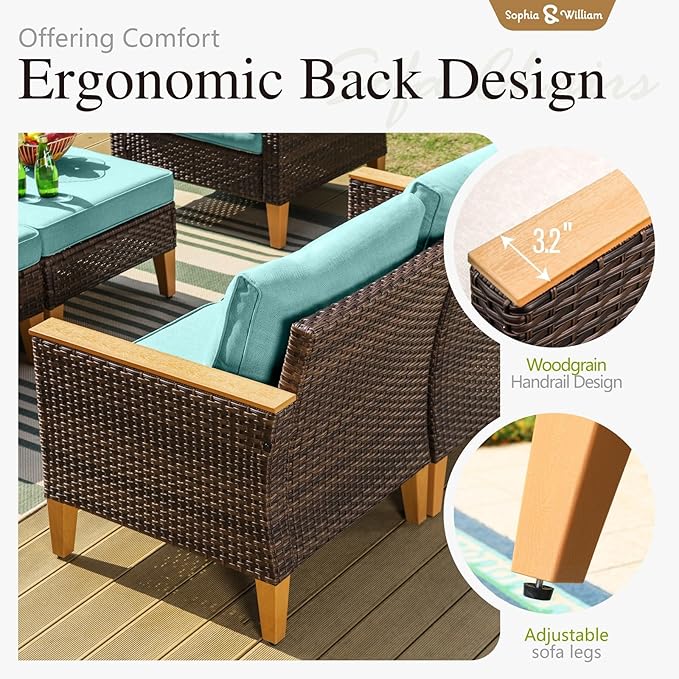 Sophia & William Patio Furniture Set with Fire Pit Table, 8 Piece Outdoor Wicker Furniture Sectional Sofa, Large Patio Rattan Conversation Set with Ottoman & 45" Fire Pit Table(Aqua Blue)