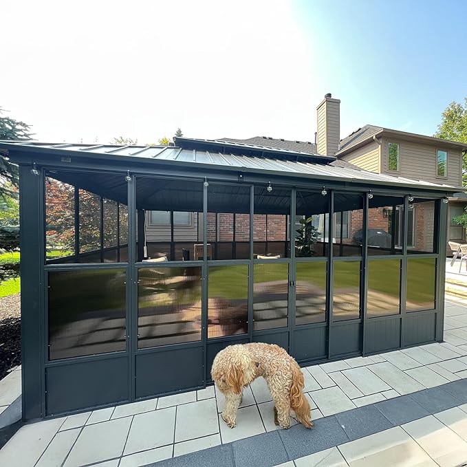 PURPLE LEAF 12' X 16' Solarium Sunroom Permanent Hardtop Screened Gazebo Galvanized Steel Double Roof Aluminum Outdoor Enclosed Gazebo for Hot Tub Lawn Deck Backyard Grey