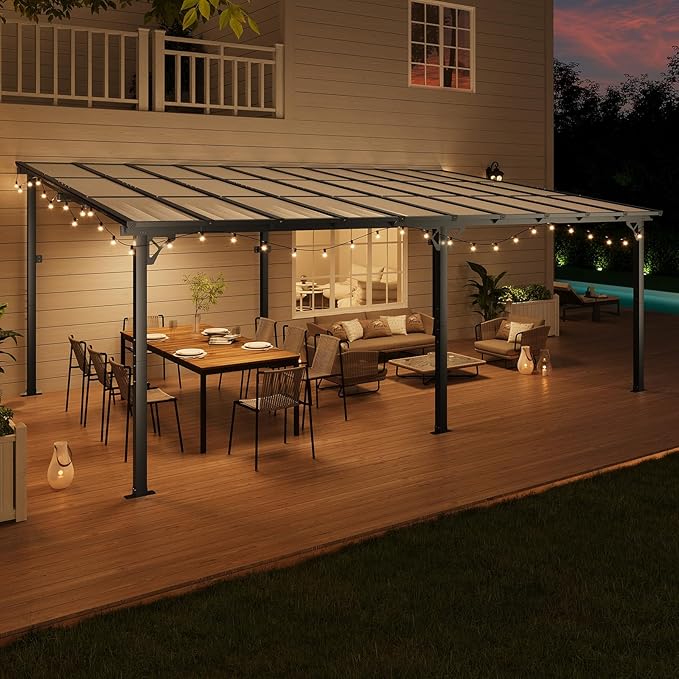 10x20FT Lean to Gazebo, Hardtop Metal Pergola with Polycarbonate Roof, Large Wall Mounted Heavy Duty Awnings, Patio Canopy for Backyard, Deck, Porch （Black）
