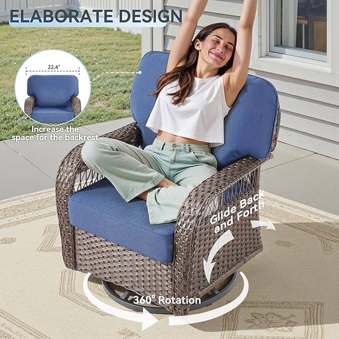 7 Pieces Patio Furniture Set Outdoor Sectional Sofa Couch with 4 Rocking Swivel Chairs 5" Deep Seat Chairs, Modern Wicker Rattan Conversation Set, Blue/Brown Wicker