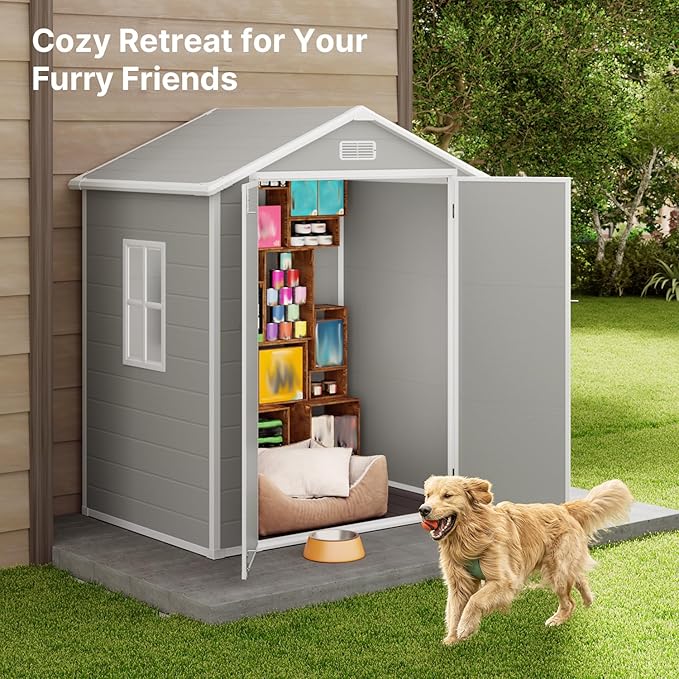 Gizoon 6x4.4 FT Outdoor Resin Storage Shed with Floor & Lockable Door - All-Weather Plastic Tool Shed, Double-Wall Design Perfect to Store Patio Furniture, Garden Equipment, Seasonal Items (Grey)