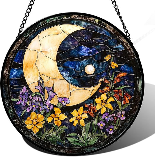 Stained Glass Window Hanging - Blue Night Sky Moon Suncatcher for Door Terrace Garden Home Decor Wildflowers Sun Catcher Birthday Gifts for Lovers Women Men Dad Mom Nana 11.8 in