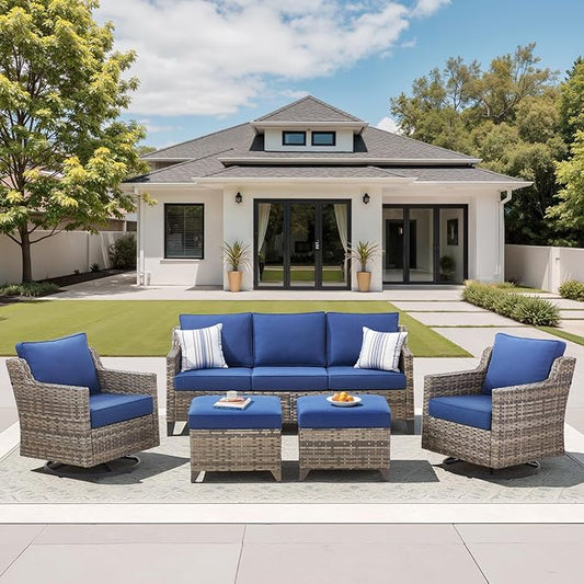 Patio Furniture Set, 5 Pieces Outdoor Wicker Rattan Sofa Couch with Rattan Chair, Ottomans and Comfy Cushions, All Weather Patio Conversation Sets, Suit for Porch Deck Garden