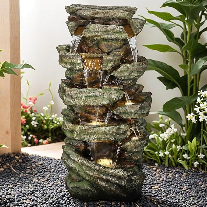 Naturefalls 59inches Outdoor Rock Water Fountain with LED Lights - Multi-Tiers Poly-Resin Cascading Waterfall Fountain for Garden, Patio, Yard, Home Decor