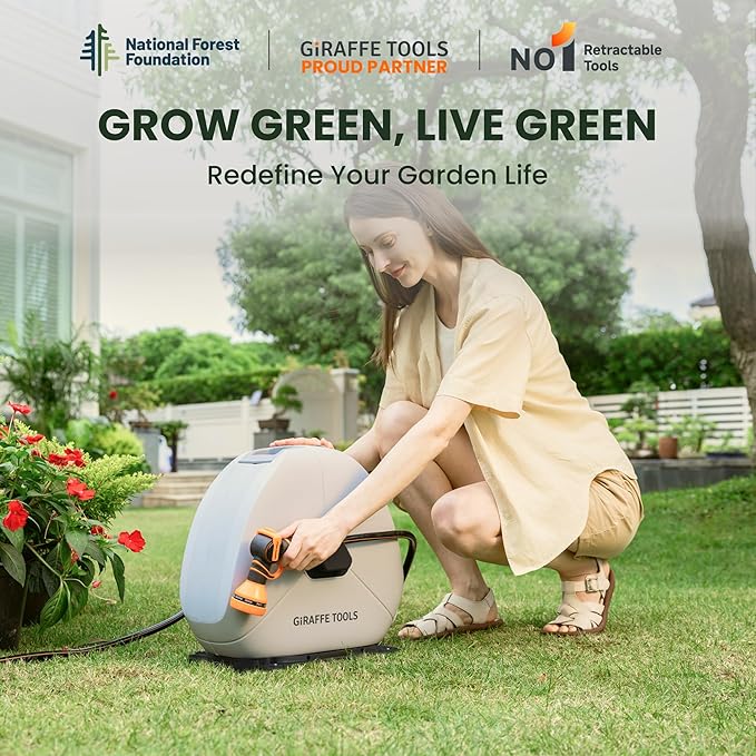 Giraffe Tools Heavy Duty Retractable Hose Reel, 130FT 1/2 Inch Automatic Rewind Garden Hose Reel with Flexible Swivel Base, Ground Mount for Lawn, Patio, and Concrete Floor