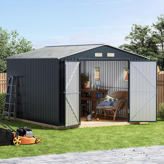 10x10 FT Outdoor Metal Storage Shed with Floor Frame, Double Swing Doors, 2 Clear Windows,Tool Shed for Garden, Patio, Backyard Nightblue