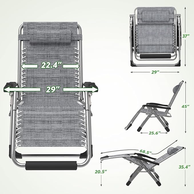 ZENPETIO 29In XL Zero Gravity Chair w/Cushion, Zero Gravity Recliner Lounge Chair for Indoor and Outdoor, Reclining Camping Chair for Lawn, Anti Gravity Chair with Cup Holder and Footrest, 440LBS