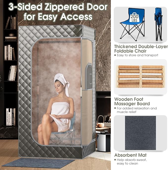COSTWAY Portable Steam Sauna, Personal Home Sauna Tent w/ 3L Steam Generator, Foldable Chair, Remote Control, 9-Level Adjustable Temperature, Timer, Full-Size Indoor Steam Room for Home Spa (Grey)