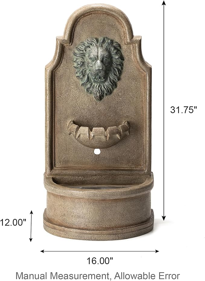 Glitzhome Tiered Wall Mounted Outdoor Water Fountain With LED Light - Vintage European Style 3-Tier Oversized Lion Head Waterfall - Faux Granite for Garden, Patio, Deck, Porch, 31.75"H