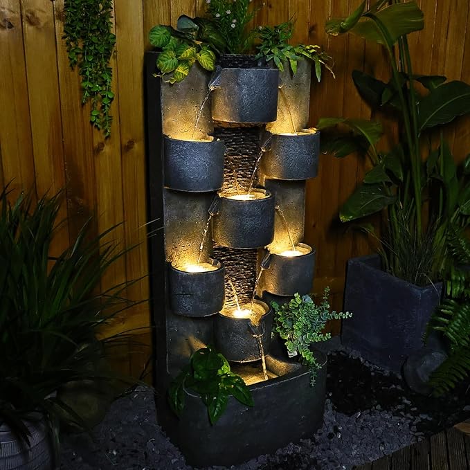 Outdoor Water Fountain Garden - Waterfall Large Water Feature Fountains with LED Lights & Pump, Concrete Artistry for Patio Yard Pool Home Decor, (45 inches Tall, Gray)