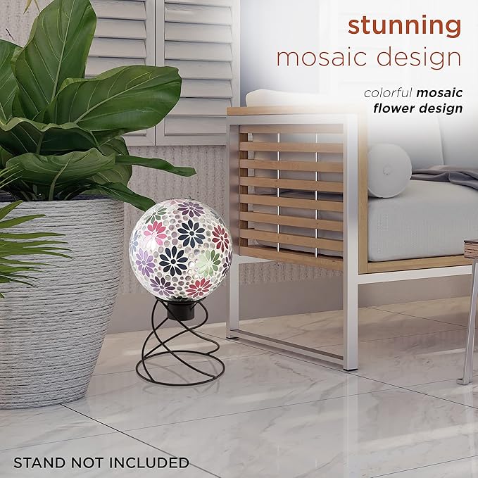 Alpine Corporation 10" Diameter Indoor/Outdoor Glass Mosaic Gazing Globe Yard Decoration, Colorful Daisy Design