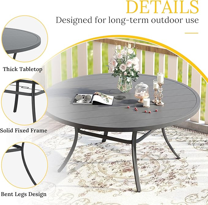 VICLLAX Patio Dining Set for 6, 7 Pieces Outdoor Furniture Includes 53" Round Patio Table with Umbrella Hole and 6 Outdoor Swivel Chairs for Lawn Garden, Grey Tabletop and Grey Fabric
