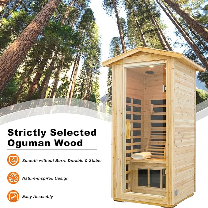 Luxury Outdoor Sauna, 1 Person Old Fir Wood Low EMF Far Infrared Sauna 1560W, Home Sauna with LCD Control Panel, Chromotherapy Light, Reading Light, Bluetooth Speaker