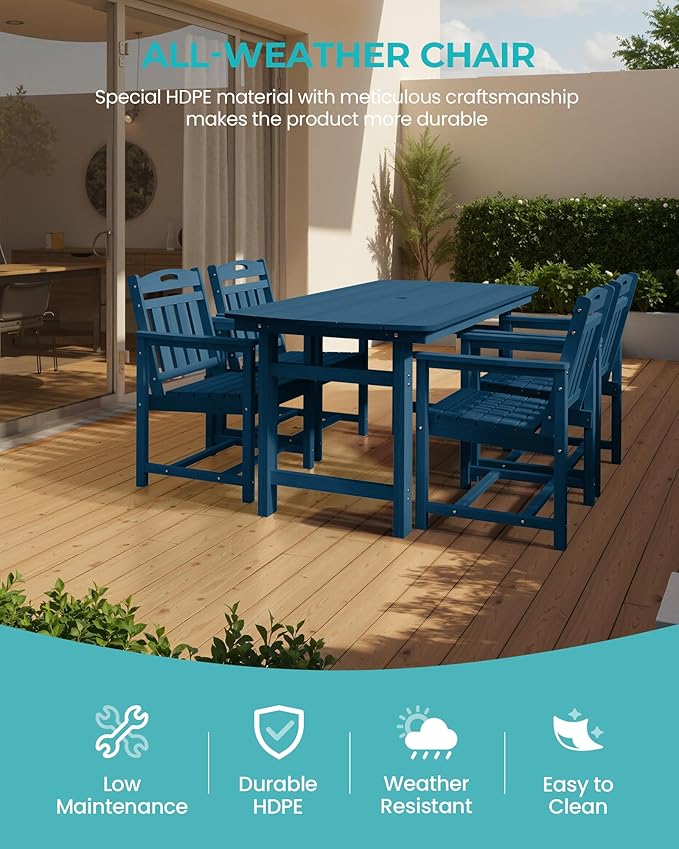 HDPE Outdoor Patio Dining Set with Table & 4 Chairs, All-Weather 5-Piece Outdoor Table and Chairs, 2" Umbrella Hole, Patio Furniture for Garden, Backyard, Deck | Navy Blue