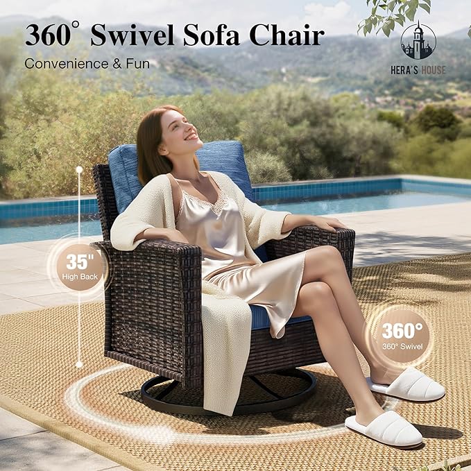 HERA'S HOUSE Wicker Patio Furniture Set, High Back Swivel Chairs with 5.5-Inch Thick Cushions, 6-Piece Outdoor Deep Seating Conversation Sets with Fire Pit Table & Ottomans for Deck Yard Garden, Blue